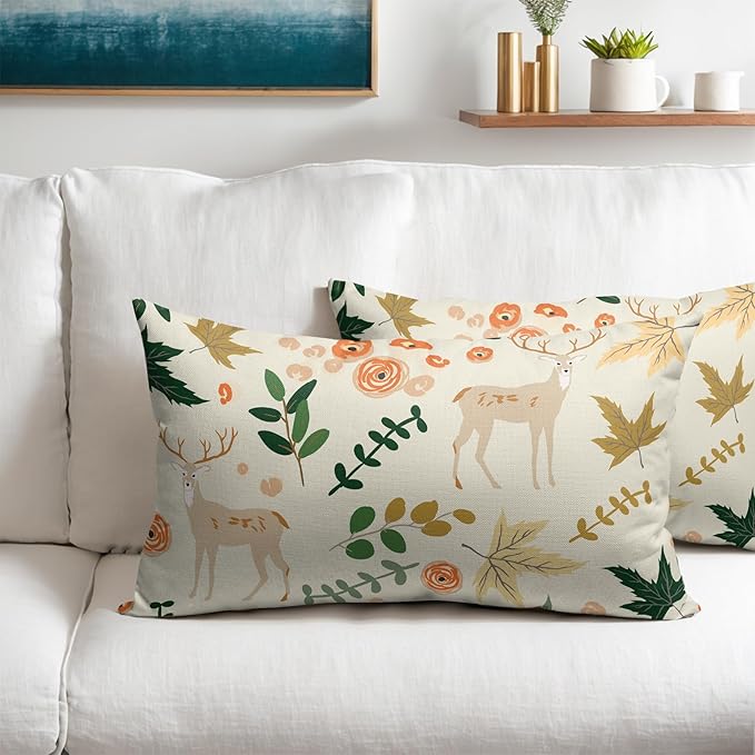 Deer Fall Pillow Covers 12x20 Set of 2 Green Cream Maple Leaf Autumn Outdoor Christmas Pillows Case Animal Print Pattern Decorative Xmas Cushion Cover Rustic Decoration Farmhouse Sofa Couch Bed Decor