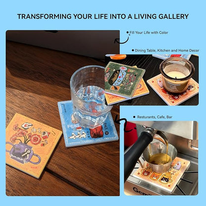 SAMCAM Colorful Art Coasters Set of 4 - Absorbent Ceramic Coasters with Protective Cork Back for Drinks, Cute Table Decor & Gift for Housewarming, 4 Inch