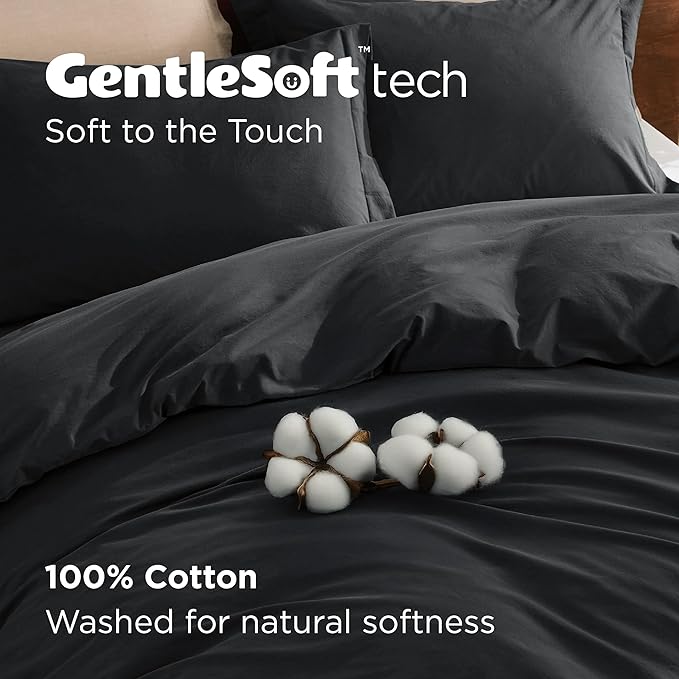 Bedsure 100% Washed Cotton Duvet Cover Queen Size - Black Minimalist Cotton Duvet Cover Linen Like for All Seasons - GentleSoft™ Plain Simple Bedding (Black, Queen, 90"x90")