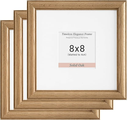 Heimlove 8x8 Picture Frame,8 x 8 Solid White Oak Square Photo Frame with Tempered Glass,8"x8" Handcrafted Wood Frame Matted to 4x4 Photos for Wall or Tabletop Art Photo and Prints,3 Pack