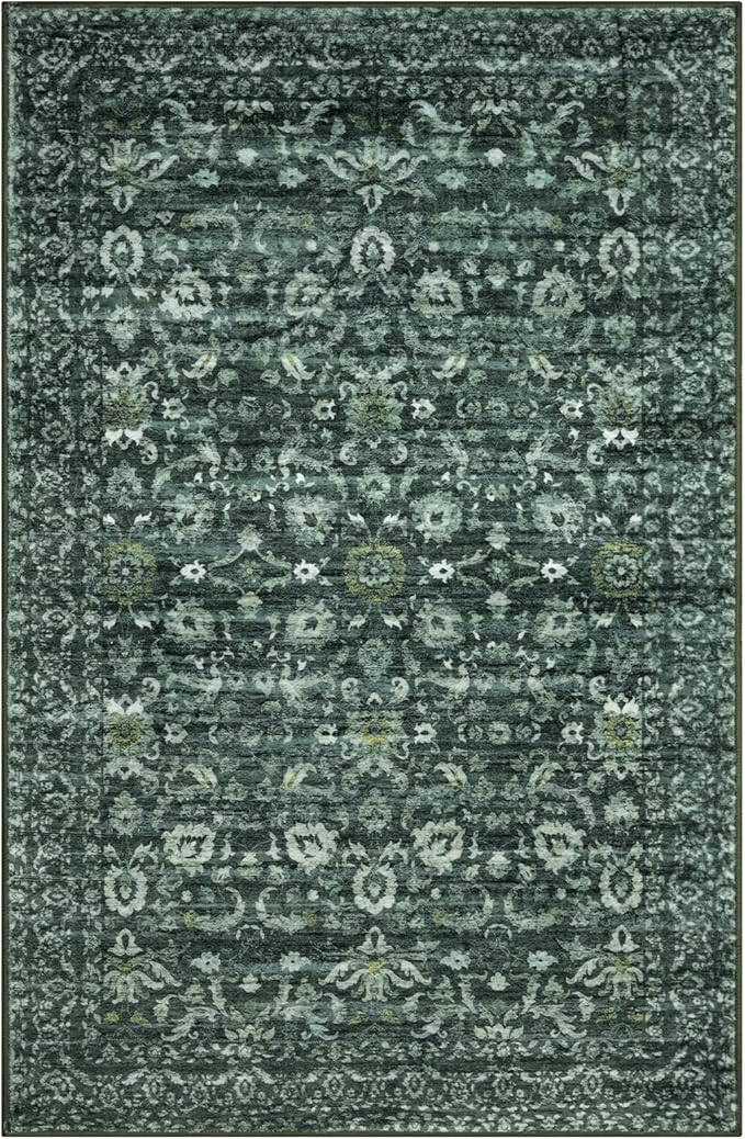 Vintage Entryway Rug 2x3 Washable, Dark Green White Kitchen Rug, Super Soft Thin Faux Wool Small Area Rug, Non-Slip Accent Mat for Foyer, Bedroom, Office