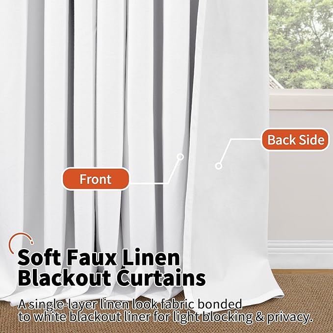 Blackout Curtains for Bedroom 72 Inch Length 2 Panels Set, Thermal Insulated 100% Black Out Privacy Soundproof Grommet Farmhouse Linen Window Curtains for Living Room Darkening, White, Each 52”Wide