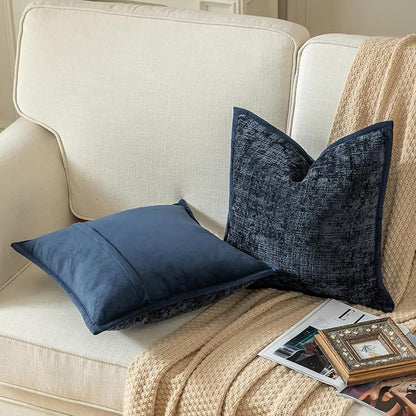 Yaertun Pack of 2 Chenille Textured Decorative Throw Pillow Covers Accent Solid Cushion Cover Soft Cozy Pillow Case with Velvet Back for Couch Sofa Bed Living Room 20x20 Inch Dark Blue