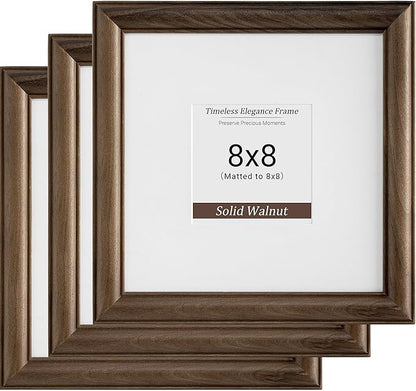 Heimlove 8x8 Picture Frame,8 x 8 Natural Solid Walnut Wood Square Frame with Tempered Glass,8"x8" Handcrafted Wood Frame Matted to 4x4 Photos for Wall or Tabletop Art Photo and Prints,3 Pack