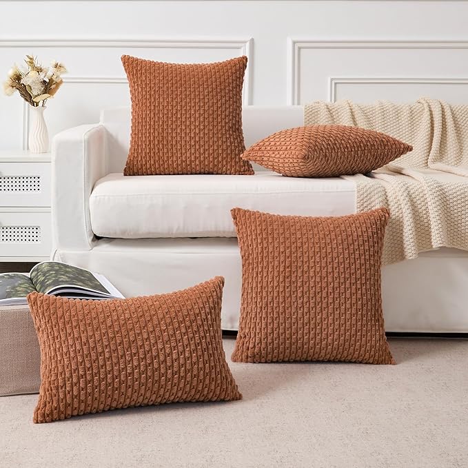Kevin Textile Decorative Pillow Covers Set of 2 Striped Plush Corduroy Pillows Pillowcases Boho Home Decor Cushion Covers for Couch Sofa Bed Living Room 26x26 Inch, Burnt Orange