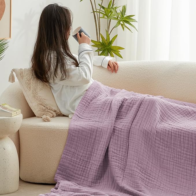 Love's cabin 6 Layer 100% Cotton Muslin Blanket, 50"x60" Throw Muslin Blanket for Couch Bed, Lightweight and Breathable Cotton Gauze for Adult, Lavender