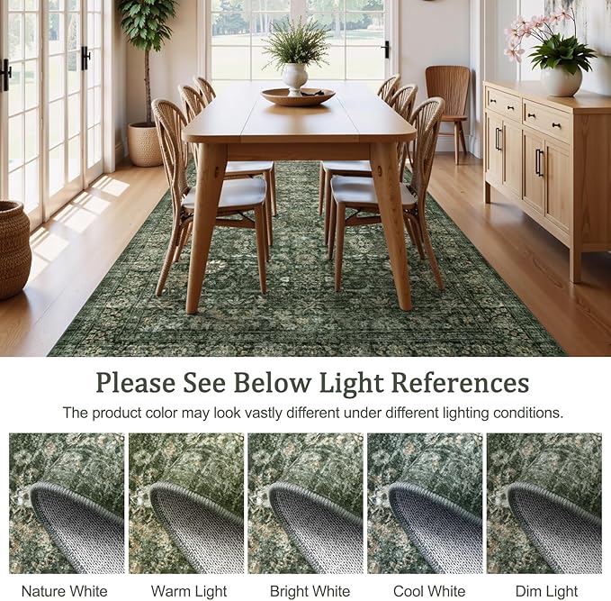 Morebes Washable Green 5x7 Area Rugs, Vintage Soft Bedroom Rug Non Slip, Non-Shedding Distressed Indoor Floor Throw Carpet for Bathroom Kitchen Living Dining Room Playroom Farmhouse Christmas Decor