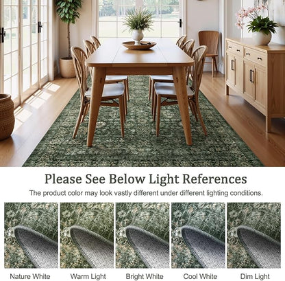 Morebes 2x6 Vintage Washable Dark Green Kitchen Runner Rug Non Slip, Boho Runners for Hallways, Non Shedding Soft Indoor Floor Throw Carpet for Laundry Living Room Bathroom Bedroom
