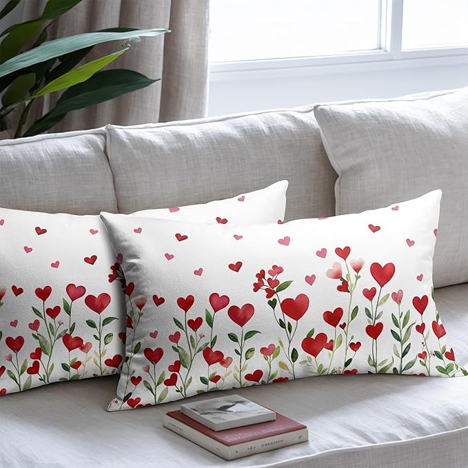 Valentines Day Pillow Covers 12x20 Set of 2 Green Red Heart Throw Pillow Covers Love Pillowcase Linen Decoration Farmhouse Holiday Cozy Soft Cushion Case Couch for Indoor Outdoor Home Decor