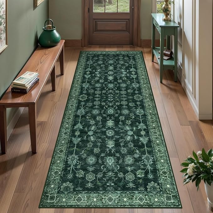 Tangsoo Green 2x5 Runner Rug Non Slip Washable for Kitchen Bathroom, Vintage Floral Boho Rug Runner for Hallway Entryway, Low Pile Carpet Door Mat Indoor Entrance for Bedroom Laundry Pet&Kids Friendly