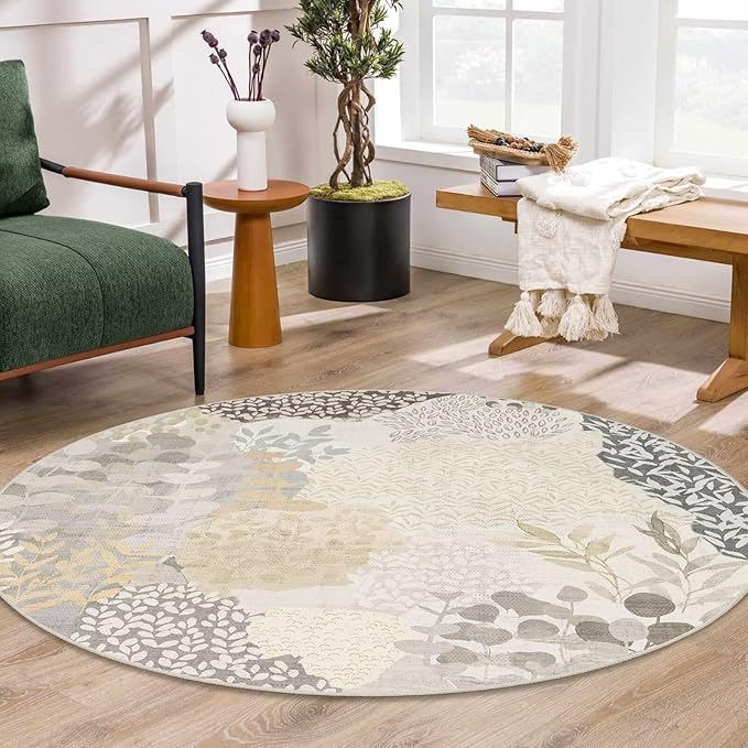 DEXDE Round Rug 5ft Washable Circle Area Rugs, Non Slip Low Pile Boho Floral Large Circular Carpet for Bedroom Bathroom Entryway Kids Room Office Dining Room, Gray