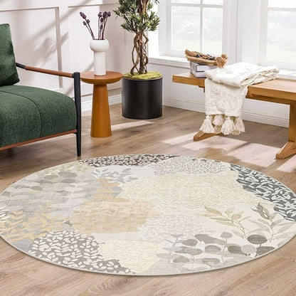 DEXDE Round Rug 5ft Washable Circle Area Rugs, Non Slip Low Pile Boho Floral Large Circular Carpet for Bedroom Bathroom Entryway Kids Room Office Dining Room, Gray