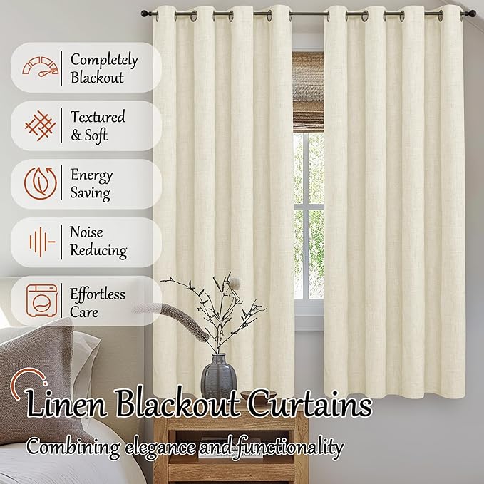 Lajode Cream 100% Blackout Curtains for Living Room 72 Inch Length 2 Panels Set, Thermal Insulated Light Blocking Faux Linen Curtains for Bedroom, Bronze Grommet Boho Window Drape Each 52" Wide