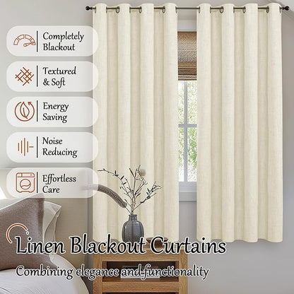Lajode Cream 100% Blackout Curtains for Living Room 72 Inch Length 2 Panels Set, Thermal Insulated Light Blocking Faux Linen Curtains for Bedroom, Bronze Grommet Boho Window Drape Each 52" Wide