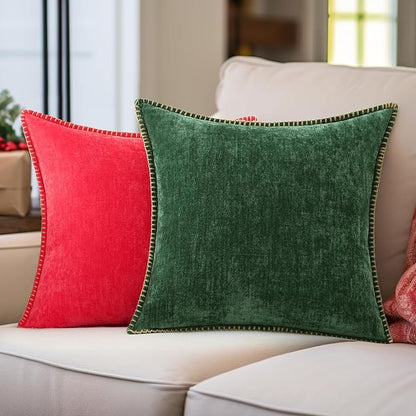 decorUhome Spring Chenille Soft Throw Pillow Covers 12x20 Set of 2, Lumbar Velvet Farmhouse Neutral Decorative Pillow Covers with Stitched Edge for Couch Sofa Bed Home Decor, Christmas Red