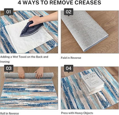 Modern Abstract Runner Rug 2.6x18, Blue Washable Long Kitchen Runner Non-Slip Soft Hallway Rug Runner Thin Print Faux Wool Carpet for Entryway Bedroom Laundry Room Indoor Home Decor