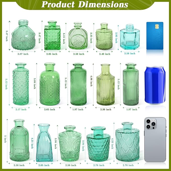 Set of 30 Green Colored Glass Bud Vases - Small Textured Flower Vases for Centerpieces, Wedding Table Decor, Retro Home Decor Bulk Vase Set for DIY, Events & Gifts