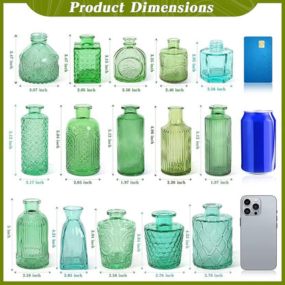 Set of 30 Green Colored Glass Bud Vases - Small Textured Flower Vases for Centerpieces, Wedding Table Decor, Retro Home Decor Bulk Vase Set for DIY, Events & Gifts