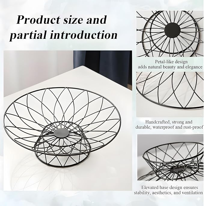 Large Metal Wire Fruit Bowl, Round Mesh Fruit Basket for Kitchen Countertop, Modern Decorative Bread Vegetable Storage Holder Organizer(Black)