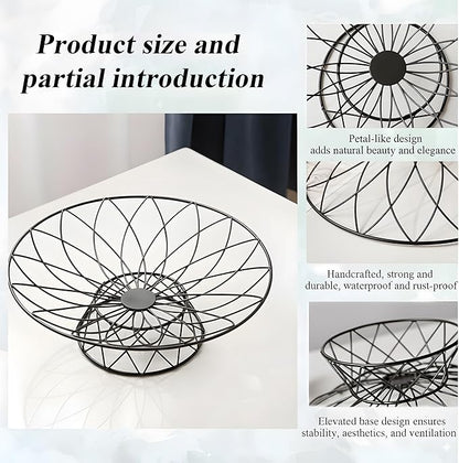 Large Metal Wire Fruit Bowl, Round Mesh Fruit Basket for Kitchen Countertop, Modern Decorative Bread Vegetable Storage Holder Organizer(Black)