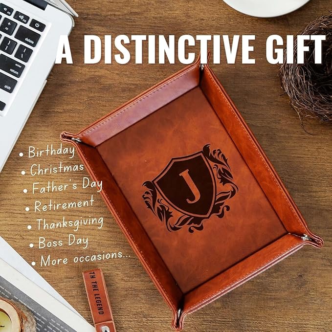 INNObeta Initial Valet Tray, Desktop Storage Organizer, PU Leather Bedside Tray Key Coin Holder, Personalised Gifts for Men, Birthday, Christmas, Letter F