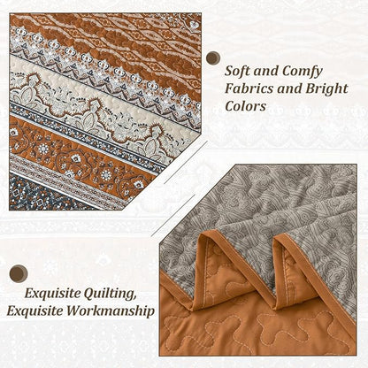 WONGS BEDDING Boho Quilt Set Twin, Brown Grey Bohemian Quilt Bedding Set, Ultra Soft Lightweight Bedspread for All Season Reversible Microfiber Coverlet Bedding Set 68"x86"(2 Pieces)