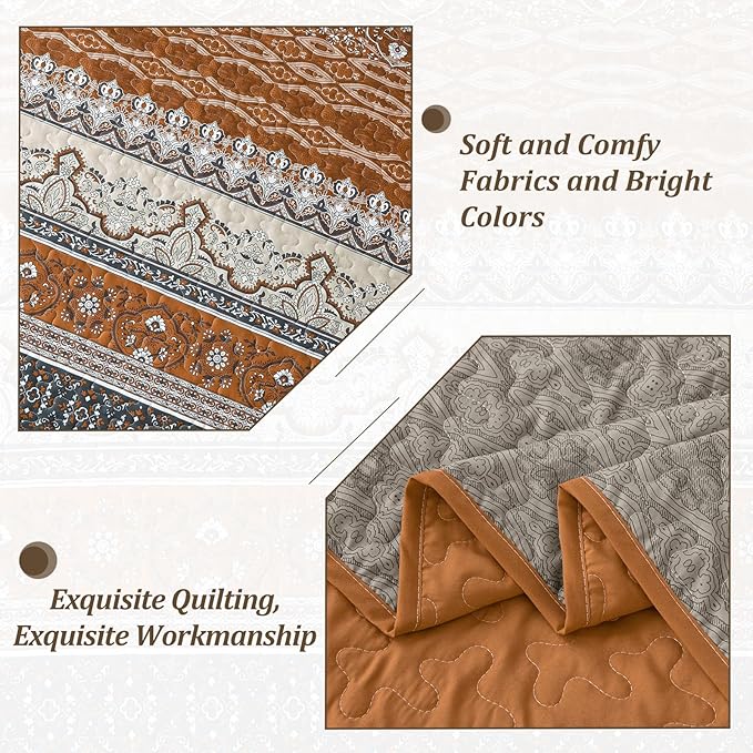 WONGS BEDDING Boho Quilt Set Full, Brown Grey Bohemian Quilt Bedding Set, Ultra Soft Lightweight Bedspread for All Season Reversible Microfiber Coverlet Bedding Set 90"x78"(3 Pieces)