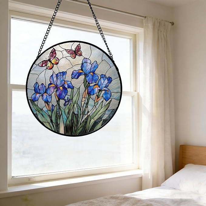 DASTOLL Stained Glass Window Hanging, Blue Iris Flowers Butterfly Suncatcher Diamond Colorful Glass Panel Sun Catchers Decor for Birthday for Women, Men, Wife, Aunt, and Mom 15x15 in