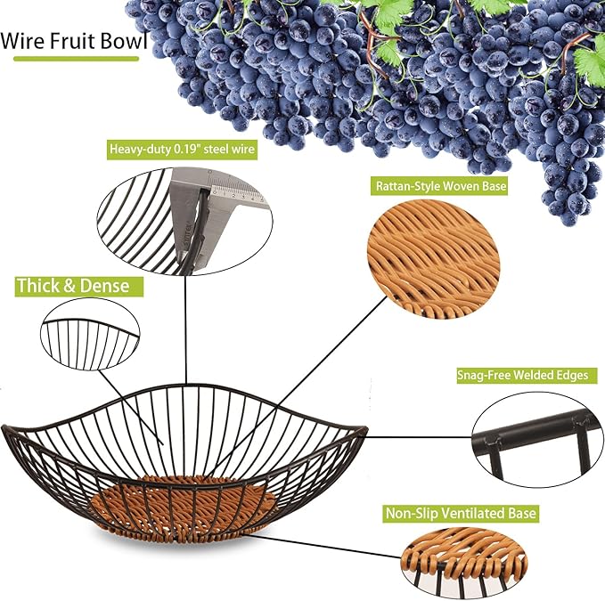 Wire Fruit Bowl,Metal Fruit Basket, Black Fruit Bowl for Kitchen Counter,countertop,Snack,Bread,Candy Storage Basket, Vegetable Basket, Home Decor Centerpiece, Fruit Holder Stand (9.8 x 2.76 Inches)