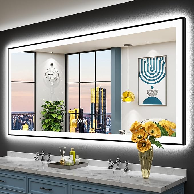 77x36 Black Framed LED Bathroom Mirror with Lights, Backlit and Front Lit, Anti-Fog Lighted Vanity Mirrors for Bathroom Wall, Dimmable, 3-Color Light, Memory, Shatter-Proof, HD Tempered Glass
