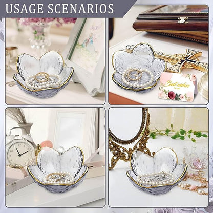 Quelay 8 Set Flower Ring Dish Jewelry Tray with Box and Greeting Card, Small Glass Trinket Tray for Rings Earrings Jewelry Room Decor Gifts for Women Mom Wife Daughter (Grey)
