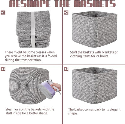 OIAHOMY 9”x9”x7” Storage Cubes, Cotton Rope Woven Baskets for Organizing, Cube Storage Bin, Small Gift Basket for Shelf, 3-Pack, Grey