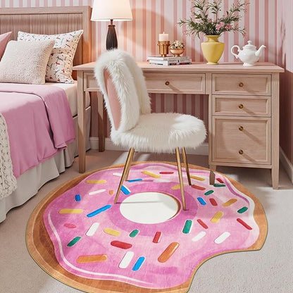 jinchan Cute Round Rug 5ft Strawberry Donut Fun Rug Washable Playroom Mat Sweet Dessert Circle Cool Rug Non Slip 5' Round Soft Cozy Pink Funky Gift for Girls Kids Teens Dorm Bedroom Living Room