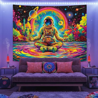 Haibimen Blacklight Astronaut Tapestry Wall Hanging Space Galaxy Travel Funny Meditation Tapestries for Bedroom Colorful Aesthetic Cool Wall Art for Guys Gamer Room Dorm Living Room (Yoga, 80''×60'')