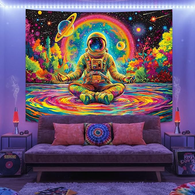 Haibimen Blacklight Astronaut Tapestry Wall Hanging Space Galaxy Travel Funny Meditation Tapestries for Bedroom Colorful Aesthetic Cool Wall Art for Guys Gamer Room Dorm Living Room (Yoga, 48''×36'')