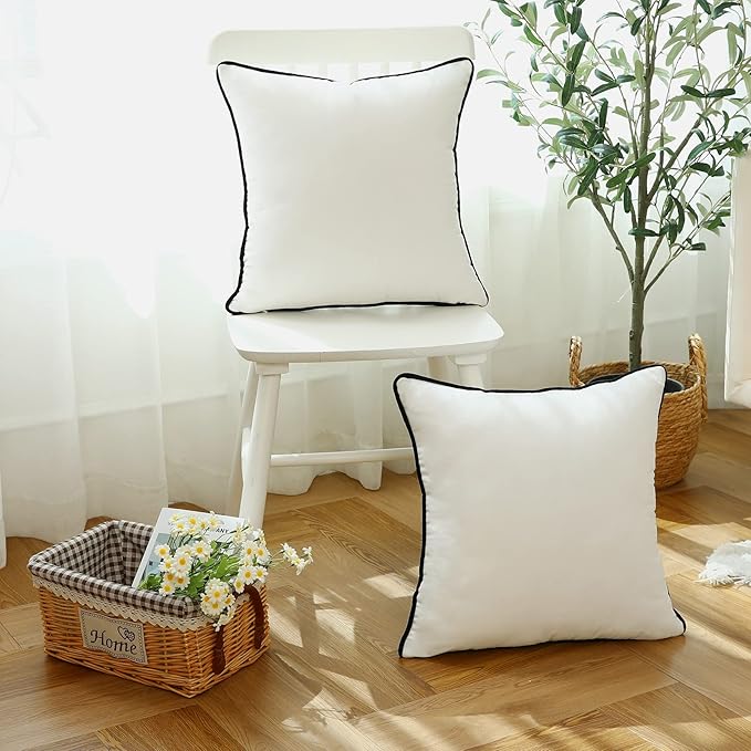 LIGICKY Set of 2 White Velvet Throw Pillow Covers Modern Minimalist Style Solid Decorative Black Rope Edging Soft Square Cushion Cases for Sofa Bedroom Party Décor, 26 x 26 inch
