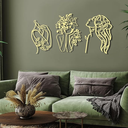 Photect 3 Pcs Metal Wall Art Decor Minimalist Abstract Woman Wall Art metal Modern Line Drawing Wall Art Decor Female Single Line Wall Home Hanging for Bedroom Bathroom Living Room, Gold(Romantic)