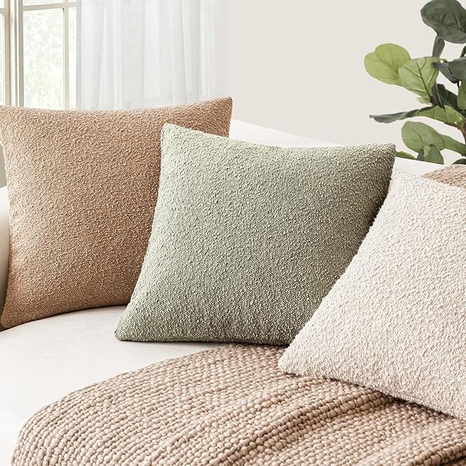Foindtower Decorative Textured Boucle Throw Pillow Covers Accent Solid Pillow Cases Neutral Soft Cozy Couch Cushion Case for Chair Sofa Bedroom Living Room Home Decor 24x24 Inch,1PC,Dirty Sage Green