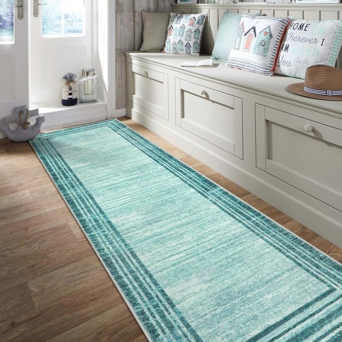 Lahome Modern Abstract Runner Rug, 2.5x10 Teal Long Kitchen Runner Non Skid Washablel Rug Runners for Hallways, Low Pile Soft Entryway Rug Indoor Floor Carpet Runner 10ft for Bedroom Laundry