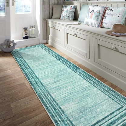 Lahome Modern Abstract Runner Rug, 2.5x10 Teal Long Kitchen Runner Non Skid Washablel Rug Runners for Hallways, Low Pile Soft Entryway Rug Indoor Floor Carpet Runner 10ft for Bedroom Laundry
