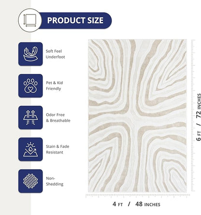 Abani Beige Area Rug - 4' x 6' - Living Room & Bedroom - Abstract Wave Design - Indoor Use - Easy to Clean, Stain Resistant, Non-Shedding - Neutral Collection