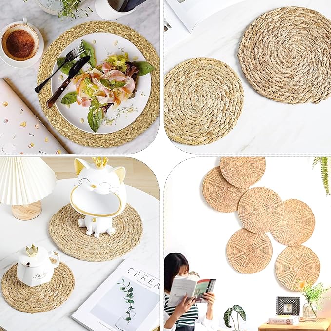 Woven Placemats Set of 8, 10 Inch Medium Rattan Placemats Wicker Place Mats,Natural Farmhouse Jute Braided Table Runner for Kitchen Countertops, Housewarming Gift,Table, Home Decor