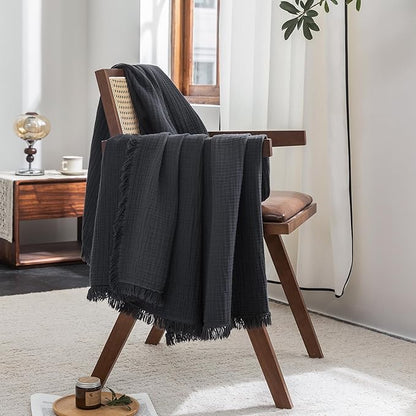 FOSSA Muslin Blanket with Fringe - 4-Layer 100% Cotton Gauze Super Soft & Breathable Throw -Lightweight Decorative Cooling Blanket for Bed, Sofa, Office -Twin XL Size 90" × 66" (Dark Gray)