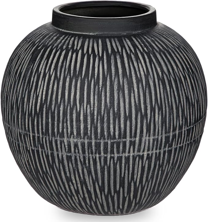 9" Large Ceramic Vase with Wide Mouth, Rustic Vase for Entryway, Living Room & Abundant Blooms Decor, Big & Round Design, Chunky & Dark Gray