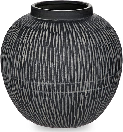 9" Large Ceramic Vase with Wide Mouth, Rustic Vase for Entryway, Living Room & Abundant Blooms Decor, Big & Round Design, Chunky & Dark Gray