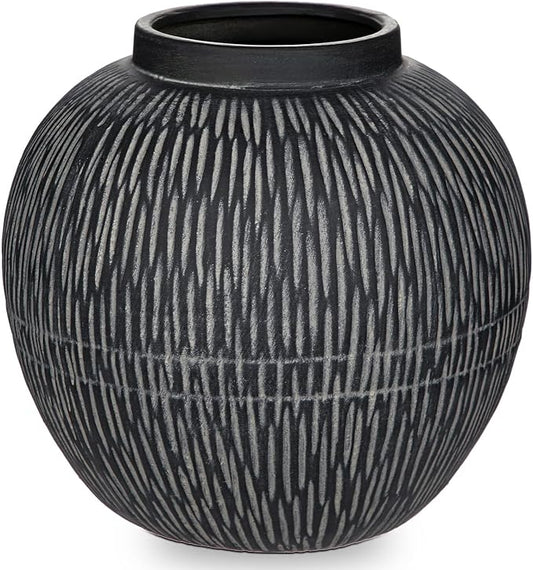 9" Large Ceramic Vase with Wide Mouth, Rustic Vase for Entryway, Living Room & Abundant Blooms Decor, Big & Round Design, Chunky & Dark Gray
