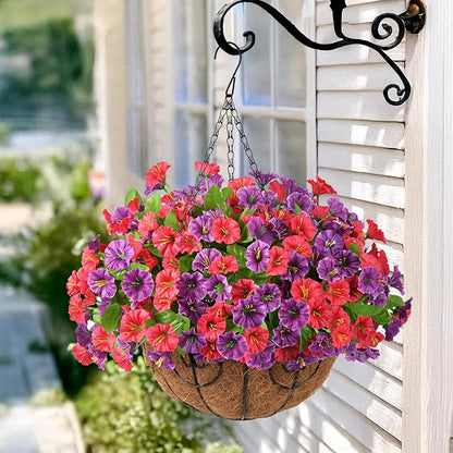 Artificial Fake Hanging Flowers with Basket for Outdoors, Faux Silk Petunias Flower Spring Summer Decor UV Resistant Look Real for Home Outside Patio Front Porch Decorations