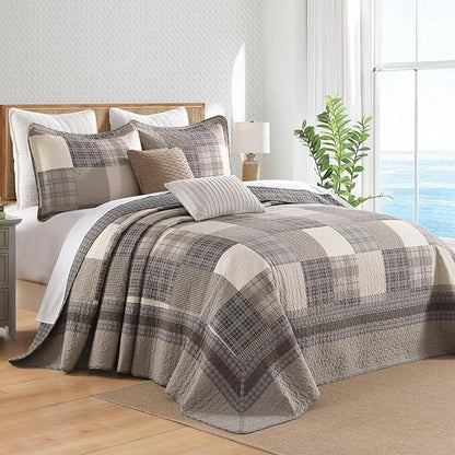 Farmhouse Bedspread King Size 120"x120" - 100% Cotton Lightweight Oversized King Quilt with 2 Pillowshams, Cottage Plaid King Quilted Bedding Bed Spreads Coverlet, Brown/Beige/Khaki