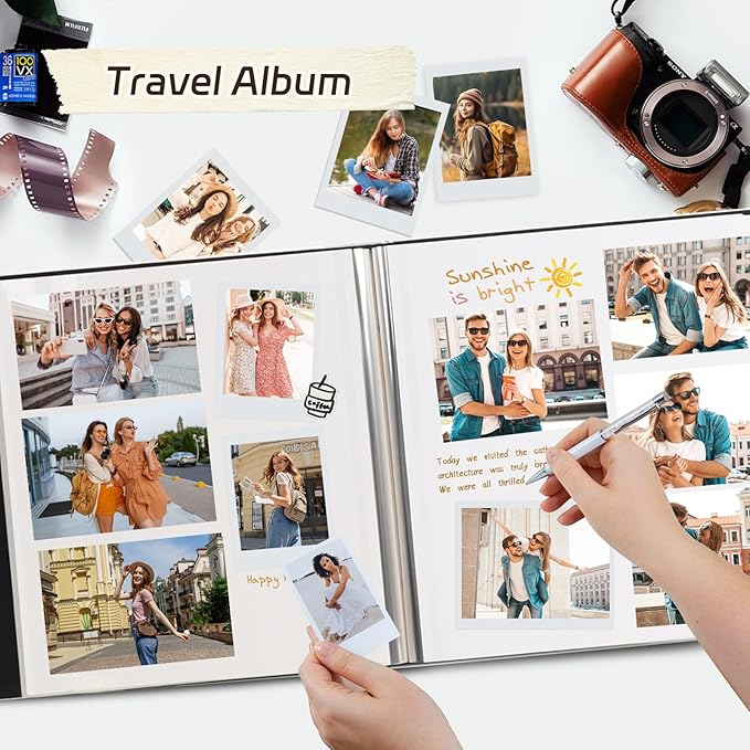 RECUTMS 60 Pages DIY Photo Albums with Sticky Pages Button Grain Leather Cover 4x6 5x7 8x10 Photos of Any Size, Wedding Photo Album Baby Picture Book Family Scrapbook Photo Album (Gray)