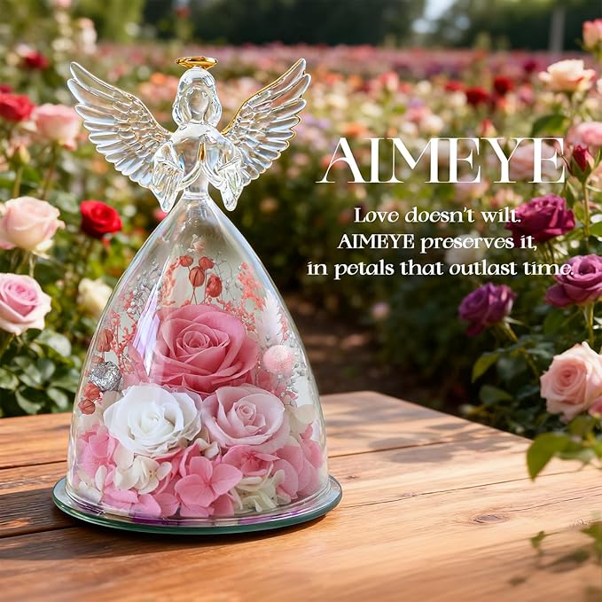 Valentines Day Roses Gifts for Women,Preserved Real Flowers Roses in Glass Angel Figurines,Valentines Day Gifts for Women Mom Wife Girlfriend./Pink